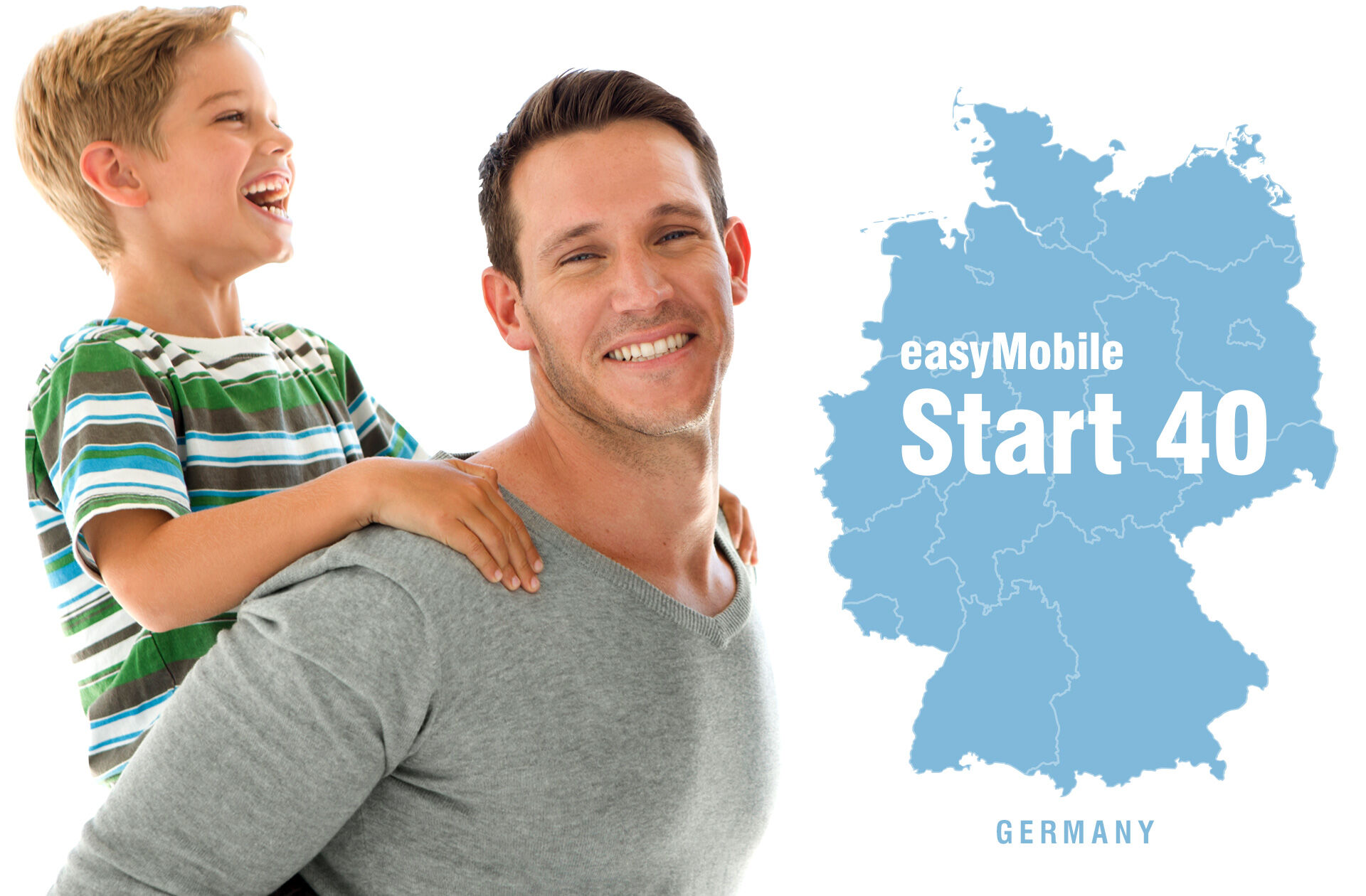 Father and son next to a Start 40 map of Germany.