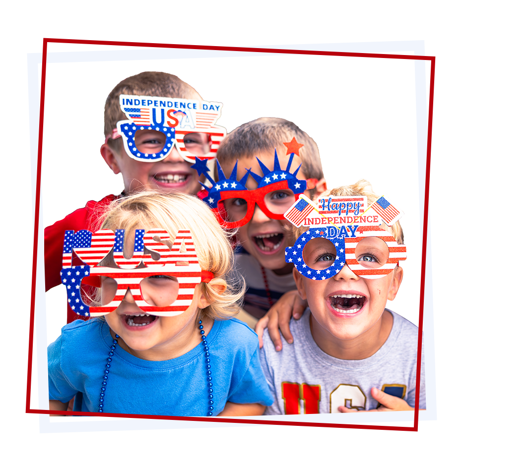 young children laughing and playing wearing 4th of July glass