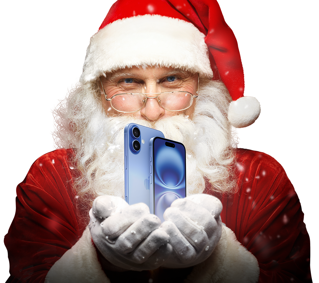 Santa holding iPhone 16 mobile phones